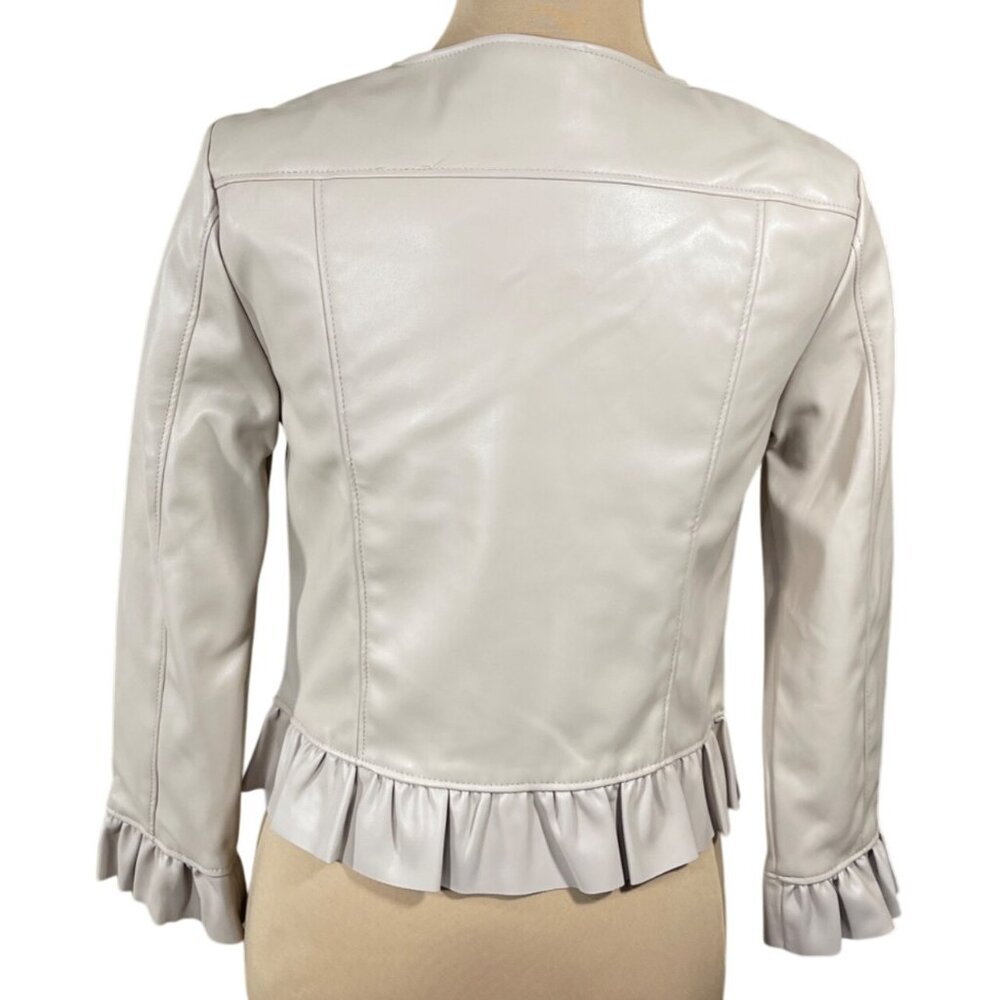 New Catherine Faux Leather Jacket Nude Ruffle Trim Size XS Extra Small Blush - Picture 3 of 8